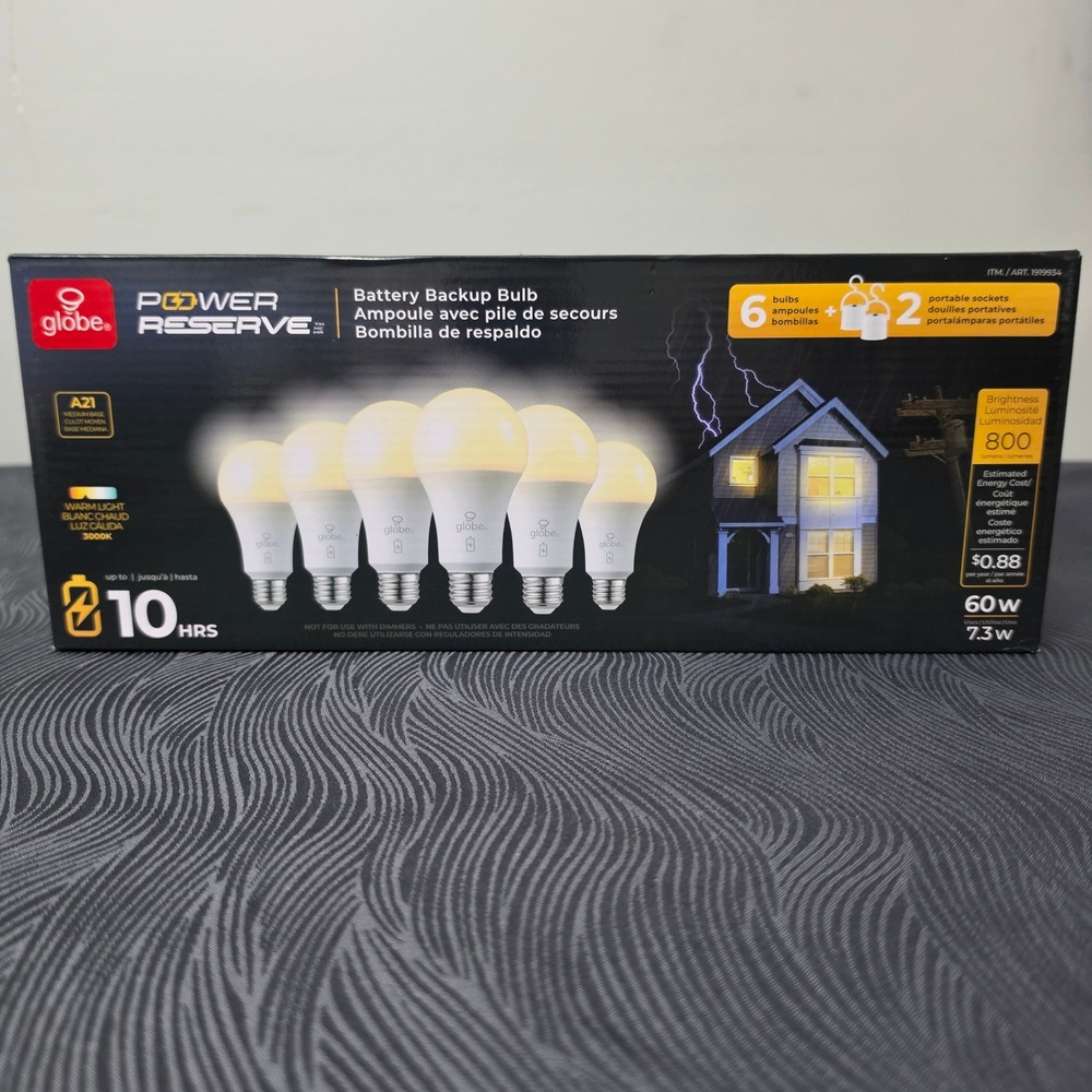 Globe Power Reserve Battery Backup LED Bulbs 6 Pack White 60W 800L A21 3000K